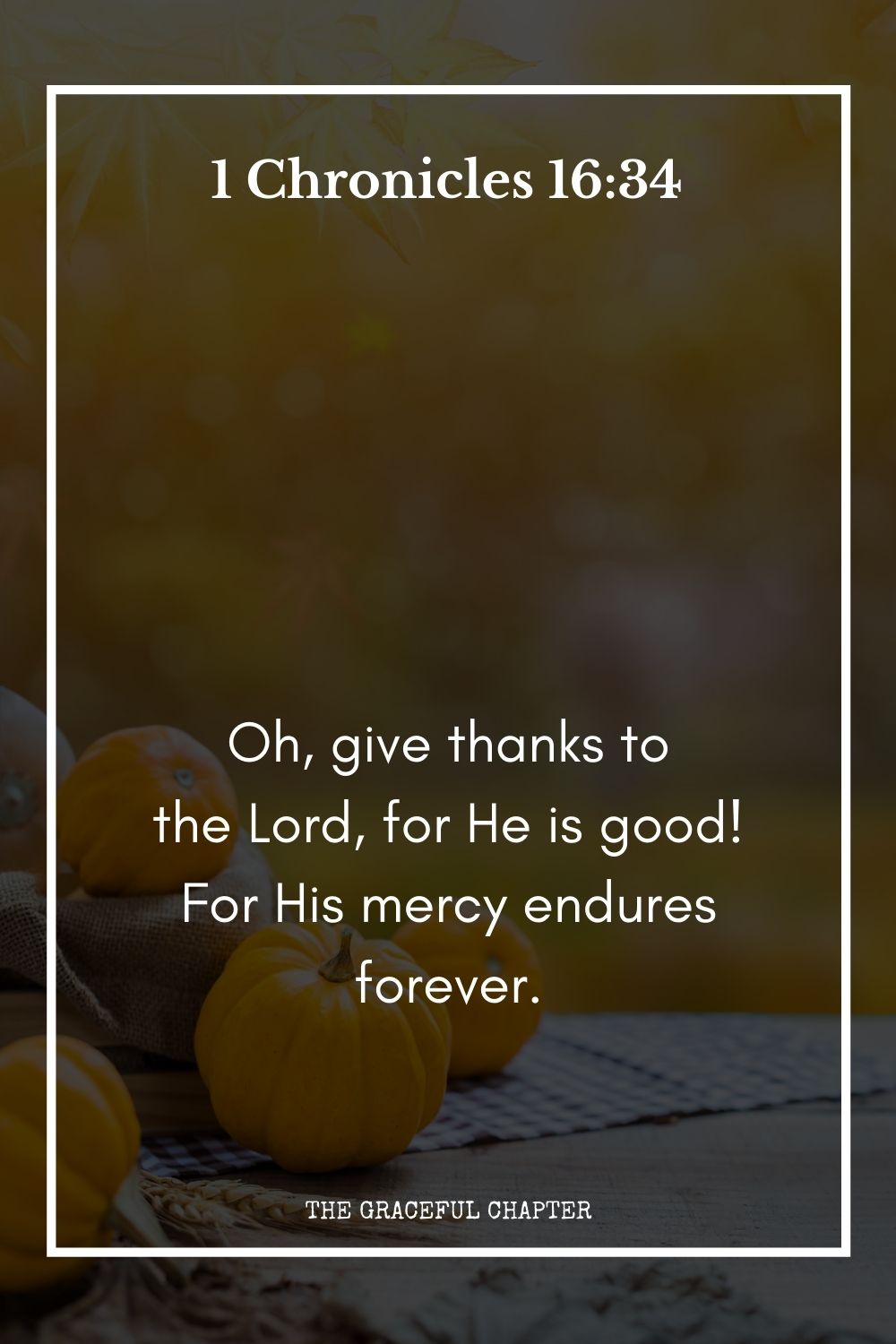 Oh, give thanks to the Lord, for He is good!  For His mercy endures forever. 1 Chronicles 16:34