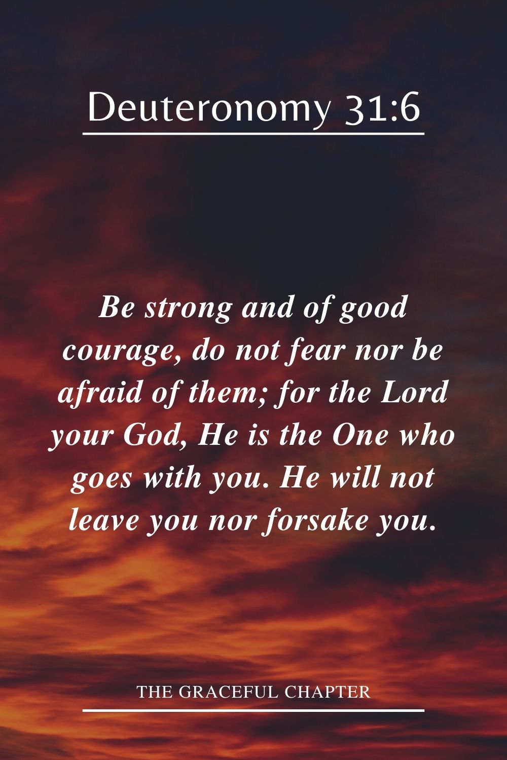 Be strong and of good courage, do not fear nor be afraid of them; for the Lord your God, He is the One who goes with you. He will not leave you nor forsake you. Deuteronomy 31:6