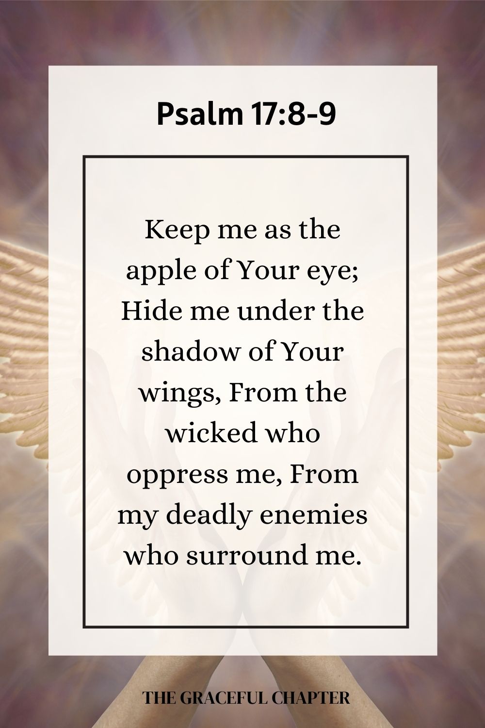 Keep me as the apple of Your eye; Hide me under the shadow of Your wings, From the wicked who oppress me, From my deadly enemies who surround me. Psalm 17:8-9