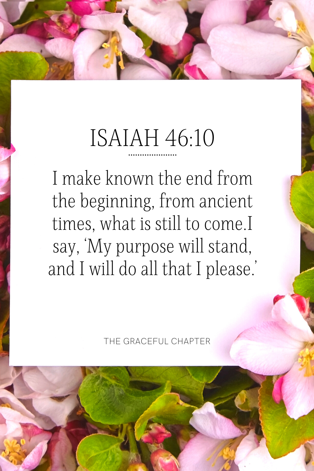 I make known the end from the beginning, from ancient times, what is still to come. I say, ‘My purpose will stand, and I will do all that I please.’ Isaiah 46:10