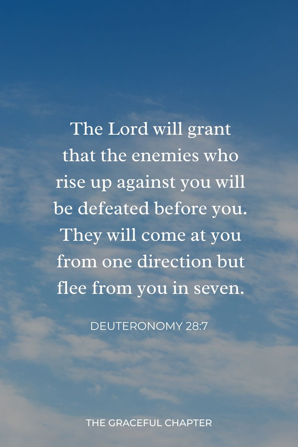 The Lord will grant that the enemies who rise up against you will be defeated before you. They will come at you from one direction but flee from you in seven. Deuteronomy 28:7