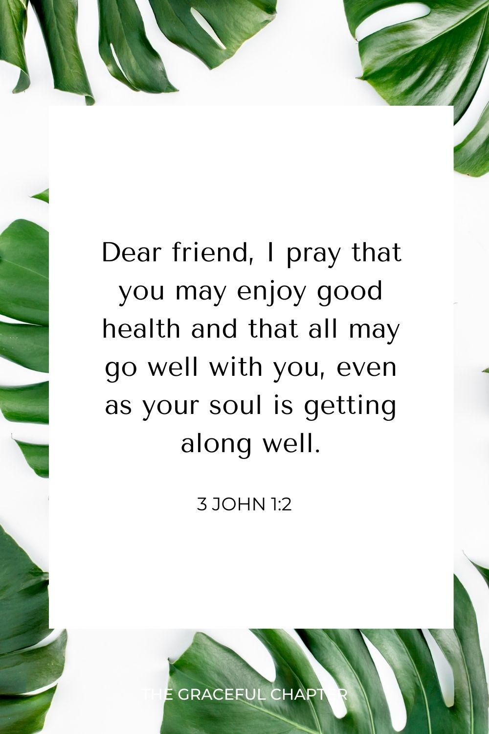 Dear friend, I pray that you may enjoy good health and that all may go well with you, even as your soul is getting along well. 3 John 1:2