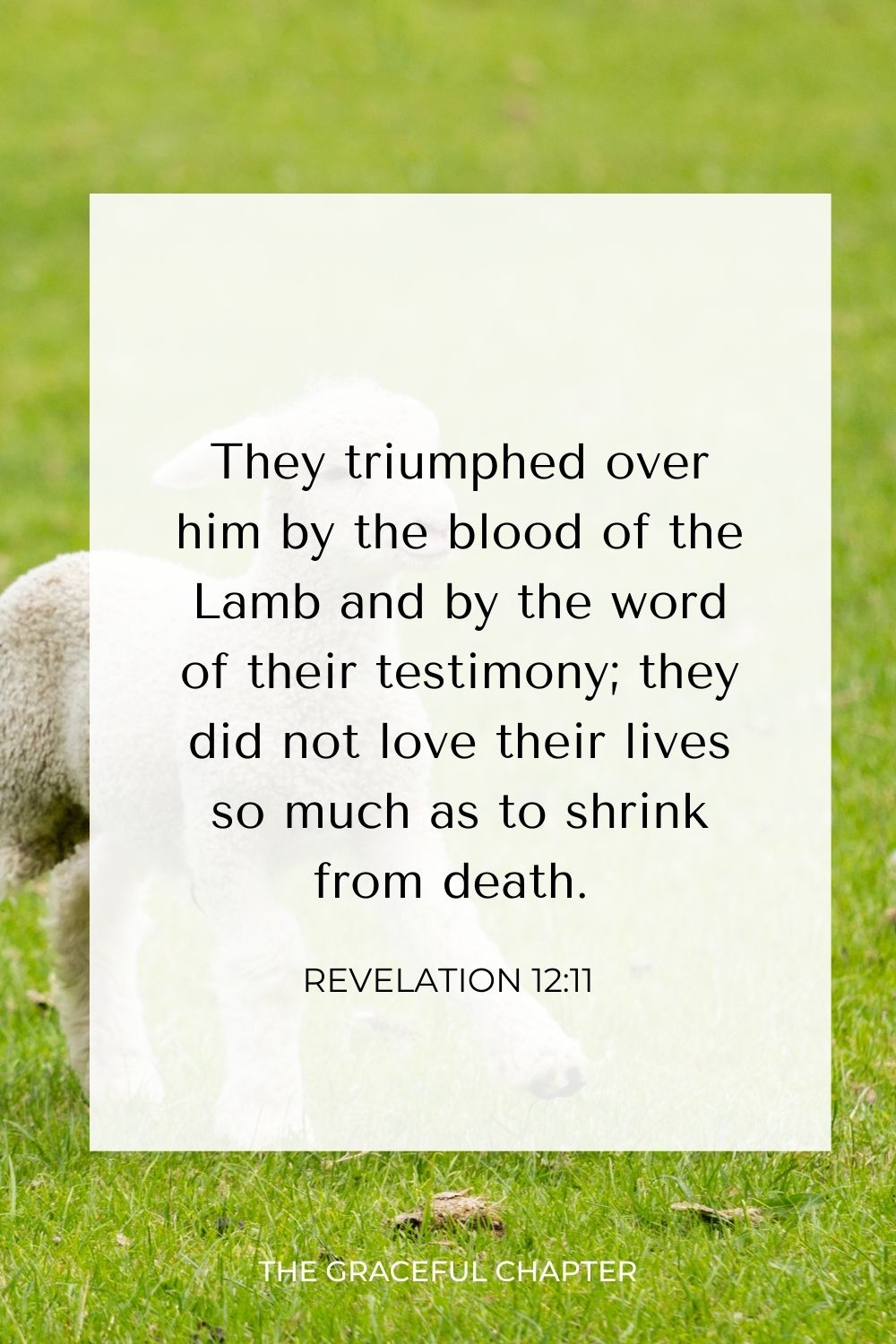 They triumphed over him by the blood of the Lamb and by the word of their testimony; they did not love their lives so much as to shrink from death. Revelation 12:11