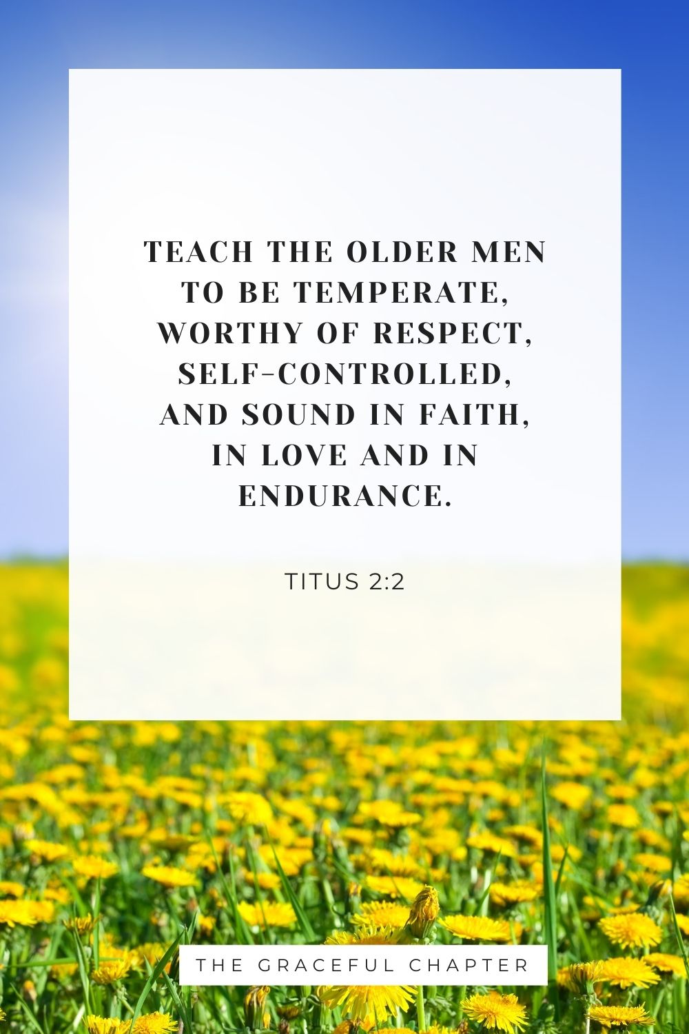 Teach the older men to be temperate, worthy of respect, self-controlled, and sound in faith, in love and in endurance. Titus 2:2