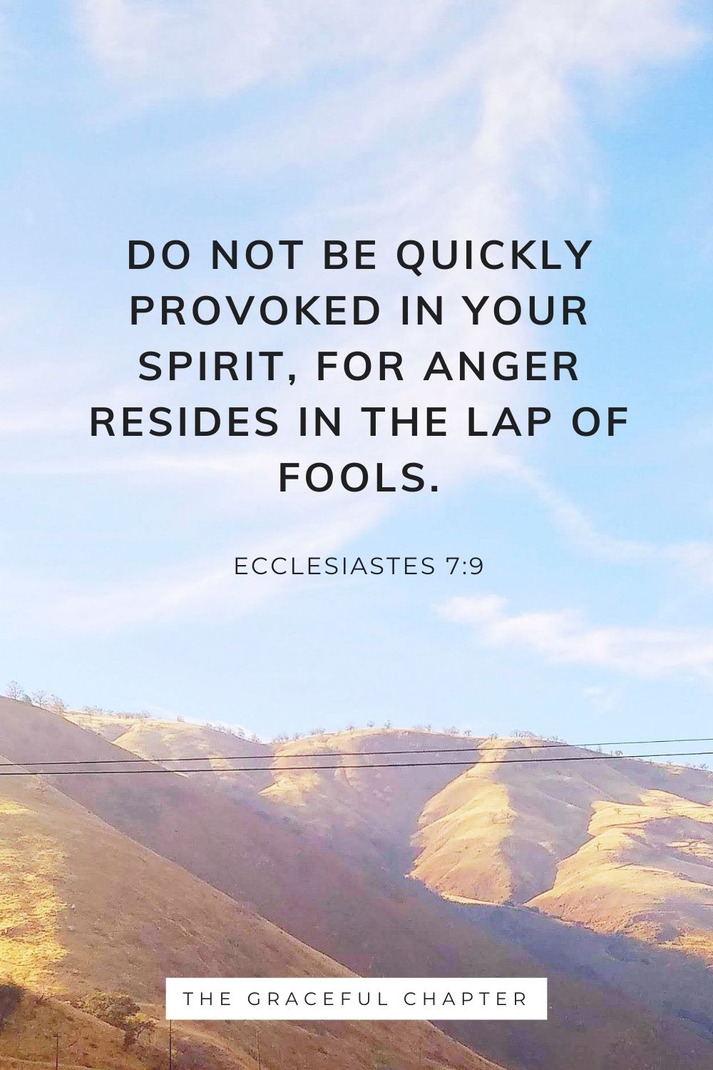 Do not be quickly provoked in your spirit, for anger resides in the lap of fools. Ecclesiastes 7:9