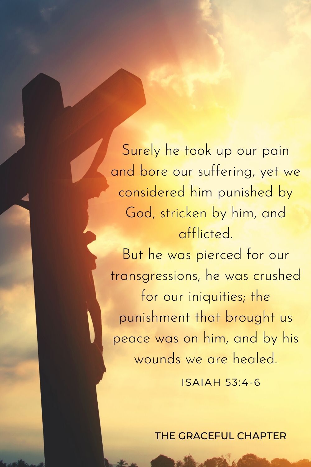 Surely he took up our pain and bore our suffering, yet we considered him punished by God, stricken by him, and afflicted. But he was pierced for our transgressions, he was crushed for our iniquities; the punishment that brought us peace was on him, and by his wounds, we are healed. Isaiah 53:4-6