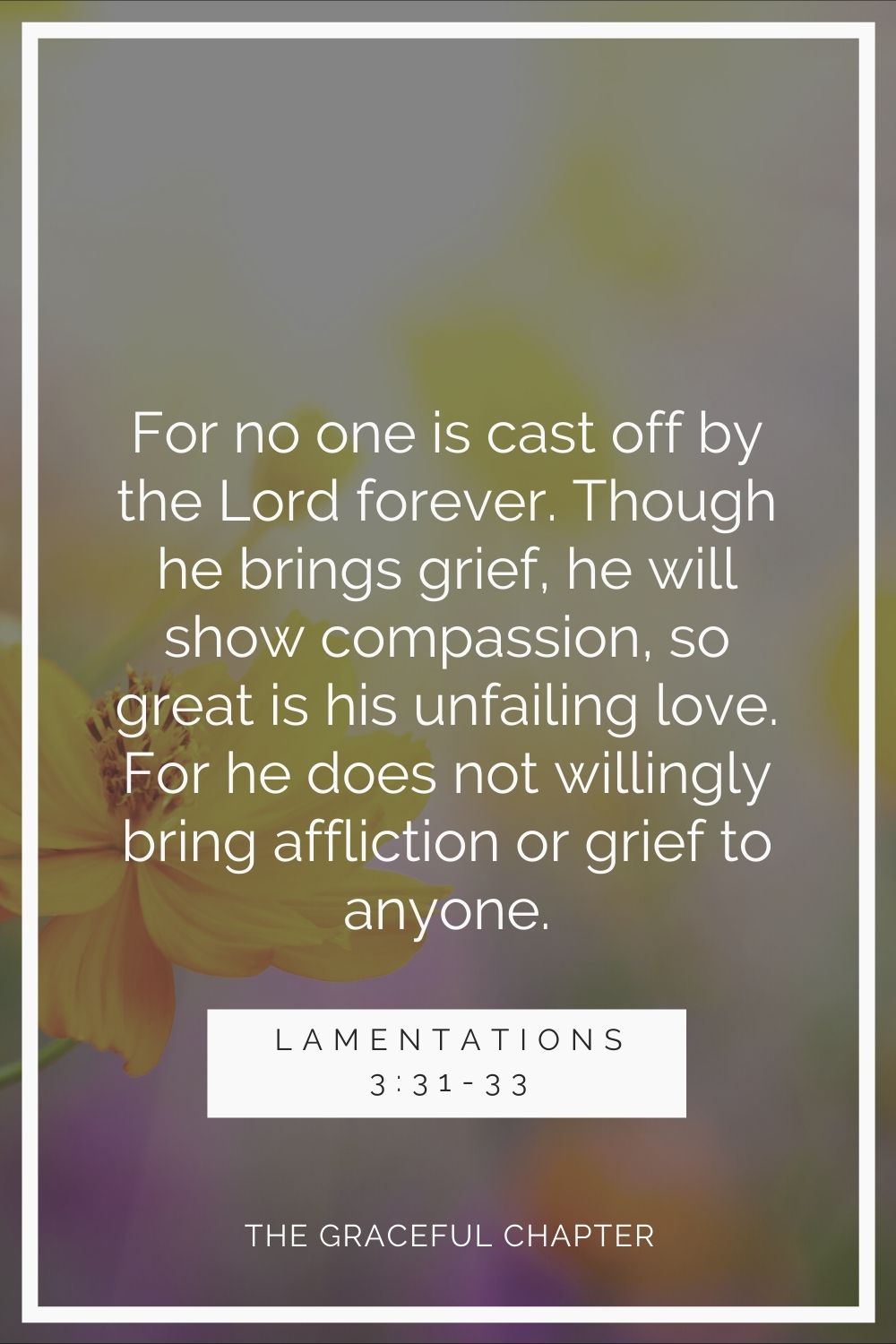 For no one is cast-off  by the Lord forever. Though he brings grief, he will show compassion, so great is his unfailing love. For he does not willingly bring affliction or grief to anyone Lamentations 3:31-33.