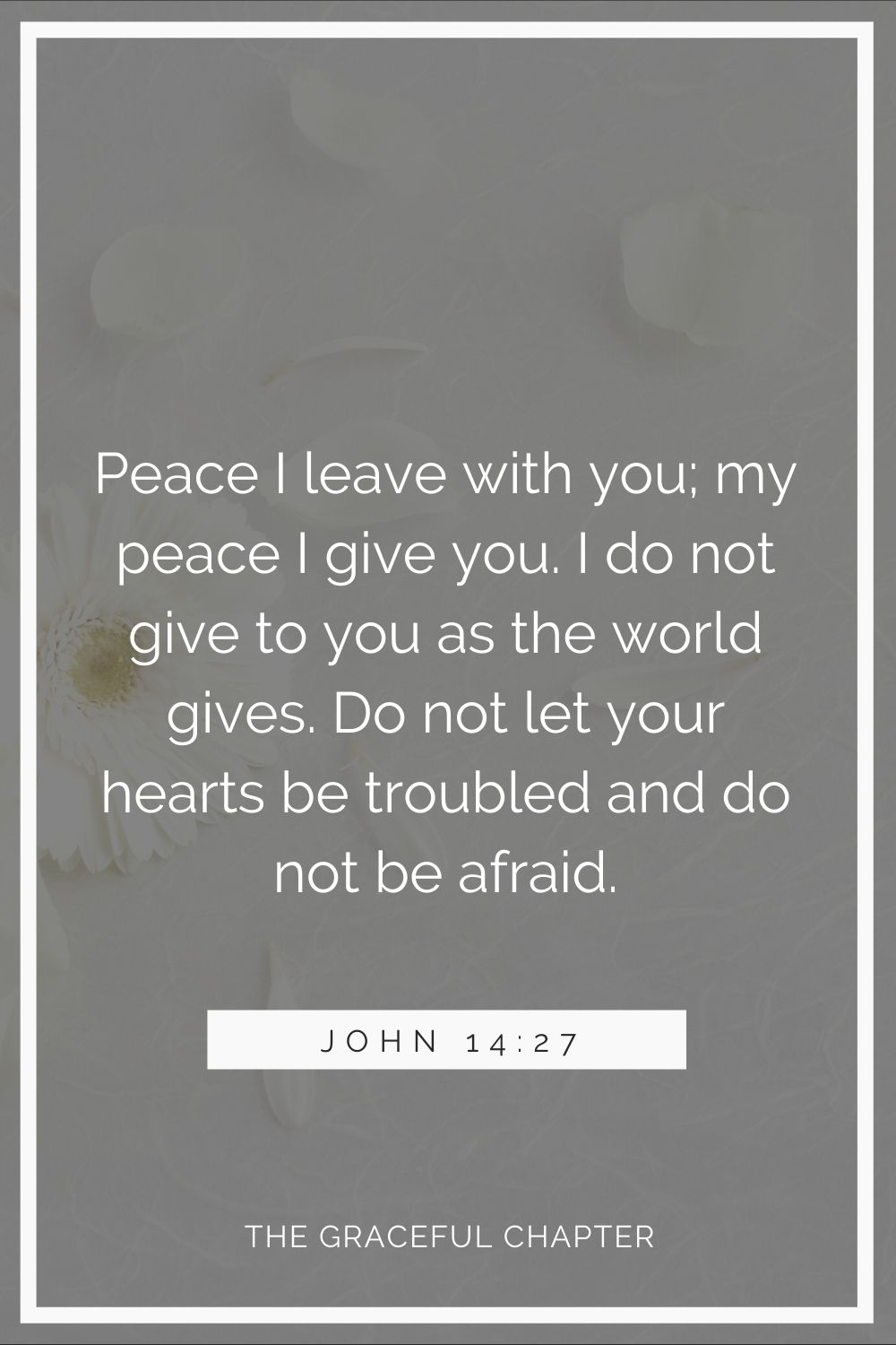 Peace I leave with you; my peace I give you. I do not give to you as the world gives. Do not let your hearts be troubled and do not be afraid. John 14:27