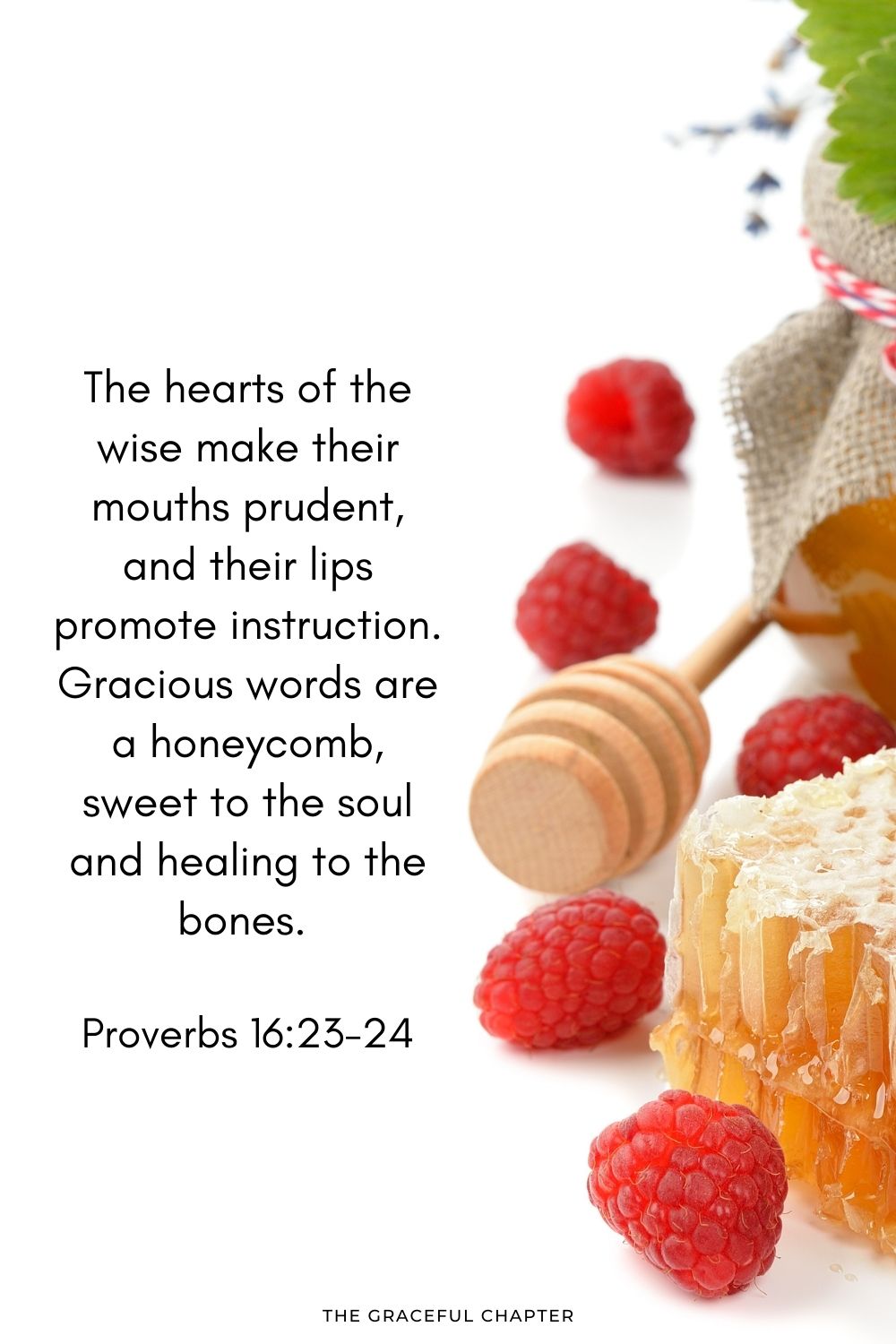 The hearts of the wise make their mouths prudent, and their lips promote instruction. Gracious words are a honeycomb, sweet to the soul and healing to the bones. Proverbs 16:23-24