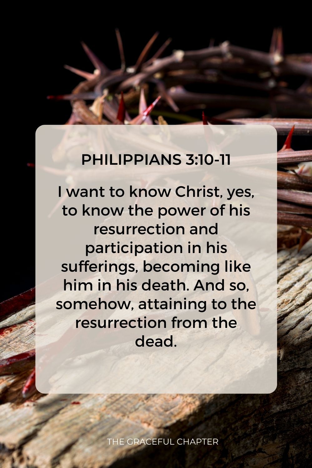 I want to know Christ, yes, to know the power of his resurrection and participation in his sufferings, becoming like him in his death. And so, somehow, attaining to the resurrection from the dead. Philippians 3:10-11