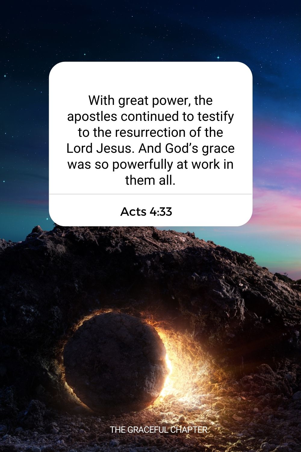 With great power, the apostles continued to testify to the resurrection of the Lord Jesus. And God’s grace was so powerfully at work in them all. Acts 4:33