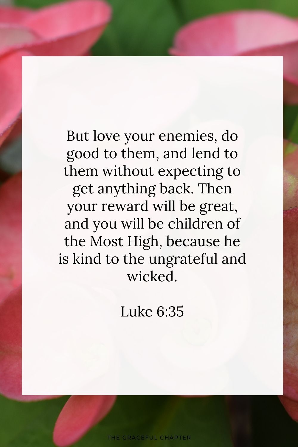 But love your enemies, do good to them, and lend to them without expecting to get anything back. Then your reward will be great, and you will be children of the Most High, because he is kind to the ungrateful and wicked. Luke 6:35