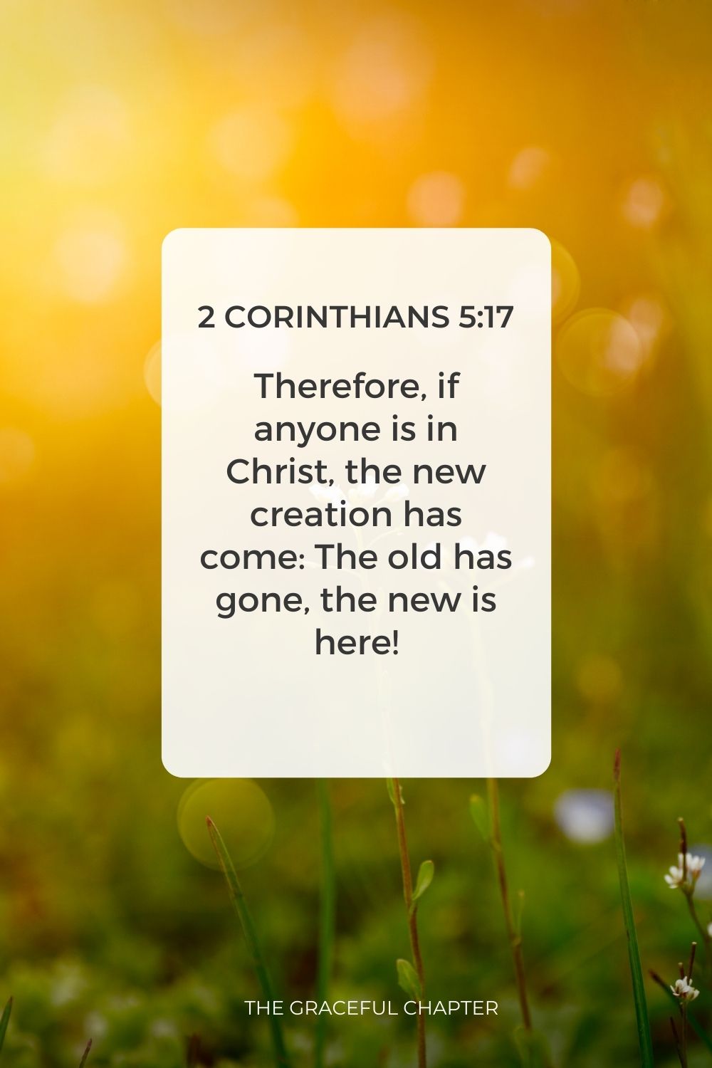 Therefore, if anyone is in Christ, the new creation has come: The old has gone, the new is here! 2 Corinthians 5:17