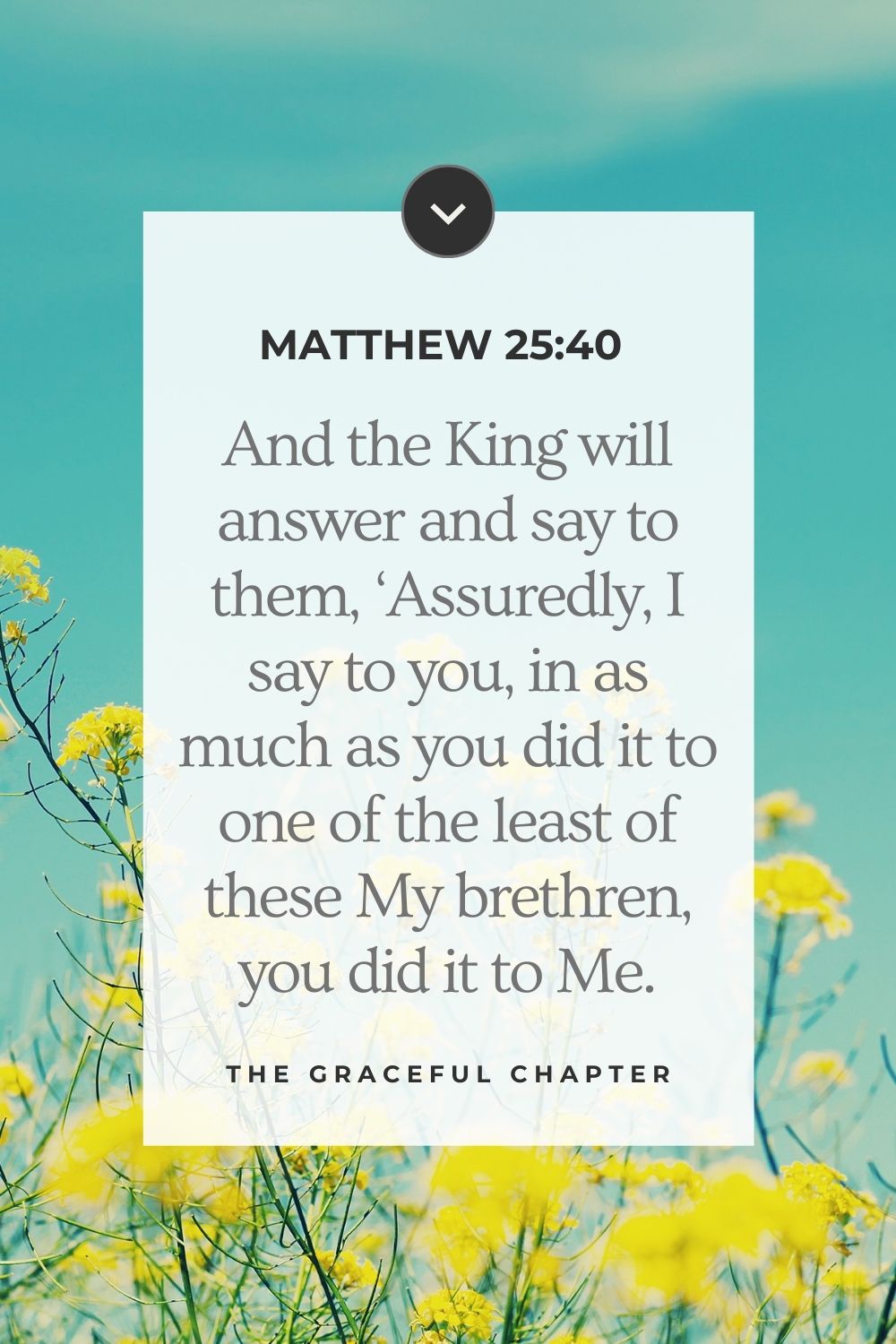 And the King will answer and say to them, ‘Assuredly, I say to you, in as much as you did it to one of the least of these My brethren, you did it to Me.’ 