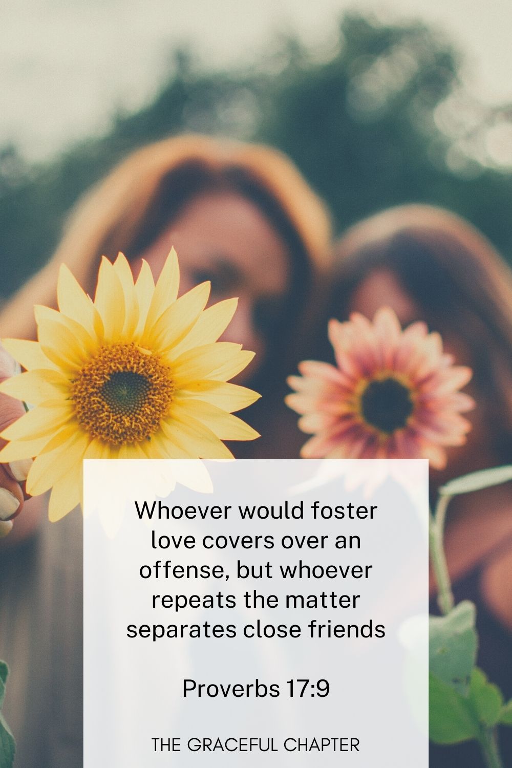 Whoever would foster love covers over an offense, but whoever repeats the matter separates close friends
Proverbs 17:9