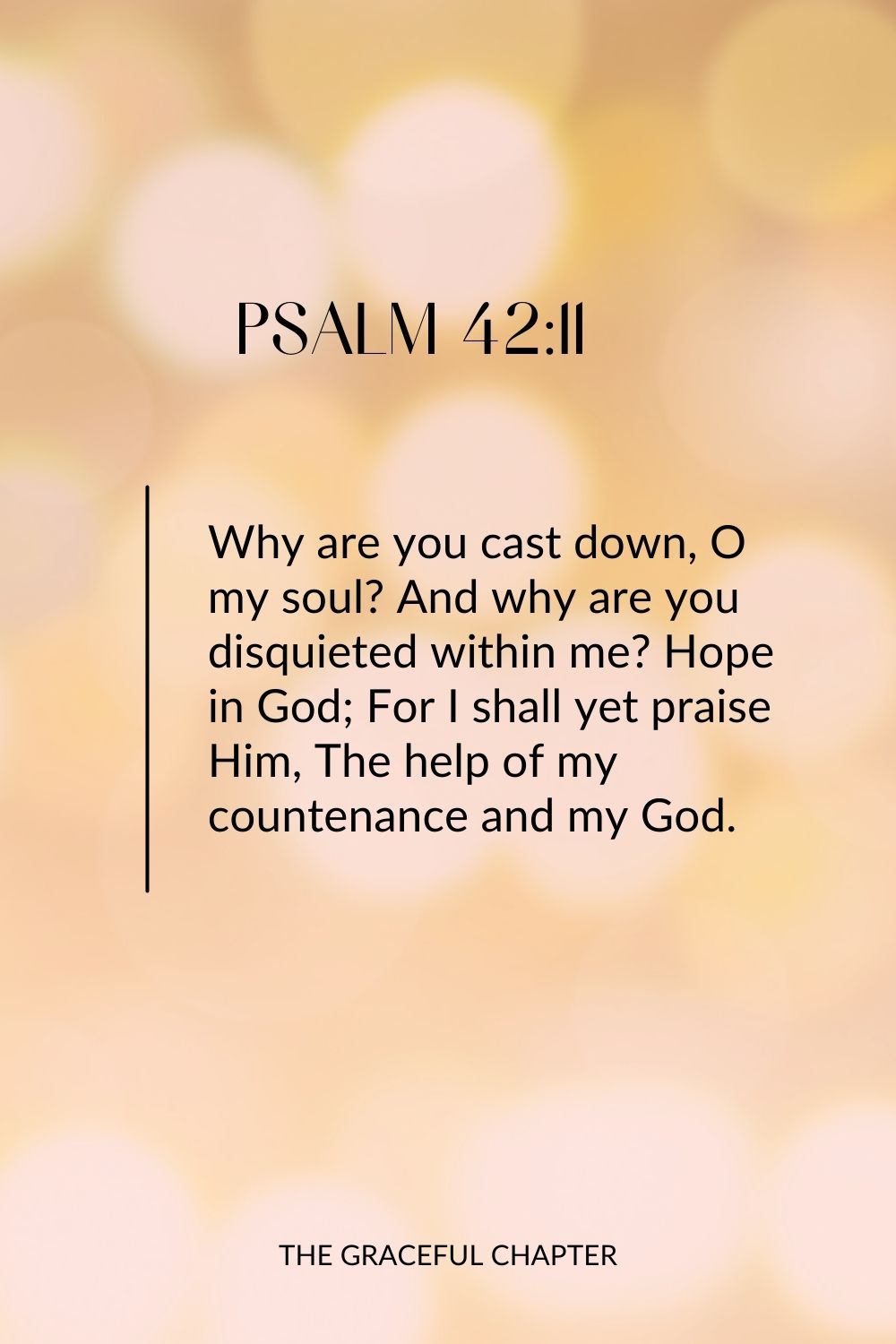 Why are you cast down, O my soul? And why are you disquieted within me? Hope in God; For I shall yet praise Him, The help of my countenance and my God. Psalm 42:11