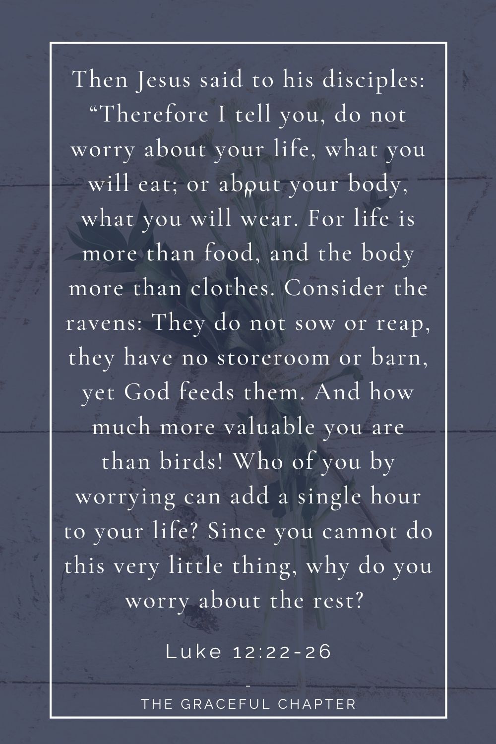 Then Jesus said to his disciples: “Therefore I tell you, do not worry about your life, what you will eat; or about your body, what you will wear. For life is more than food, and the body more than clothes. Consider the ravens: They do not sow or reap, they have no storeroom or barn, yet God feeds them. And how much more valuable you are than birds! Who of you by worrying can add a single hour to your life? Since you cannot do this very little thing, why do you worry about the rest?  Luke 12:22-26