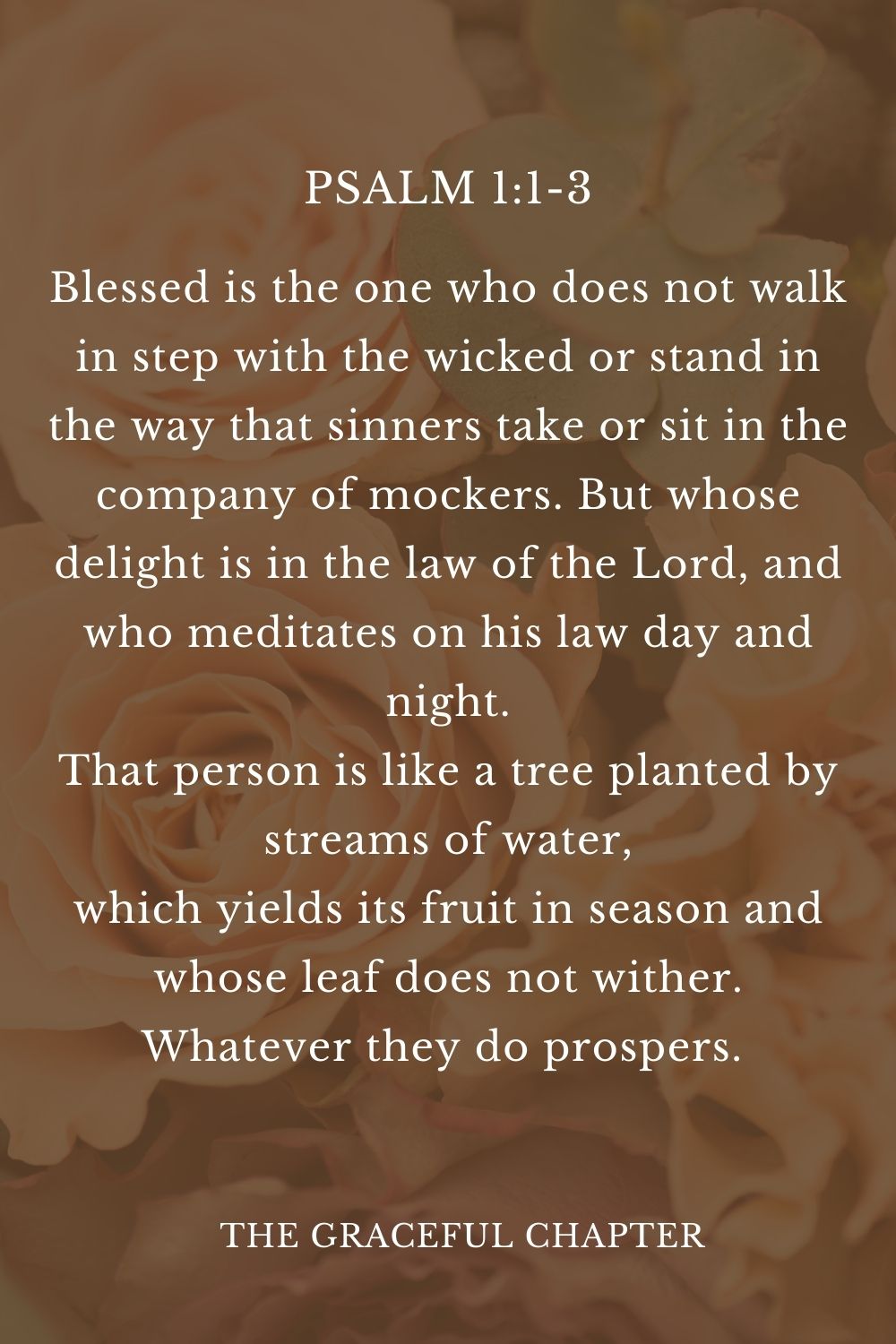 Blessed is the one who does not walk in step with the wicked or stand in the way that sinners take or sit in the company of mockers. But whose delight is in the law of the Lord, and who meditates on his law day and night. That person is like a tree planted by streams of water, which yields its fruit in season and whose leaf does not wither. Whatever they do prospers.  Psalm 1:1-3