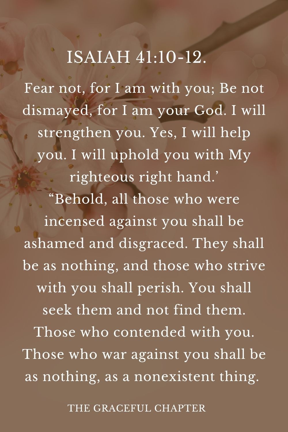 Fear not, for I am with you; Be not dismayed, for I am your God. I will strengthen you. Yes, I will help you. I will uphold you with My righteous right hand.’ “Behold, all those who were incensed against you shall be ashamed and disgraced. They shall be as nothing, and those who strive with you shall perish. You shall seek them and not find them. Those who contended with you. Those who war against you shall be as nothing, as a nonexistent thing.  Isaiah 41:10-12.