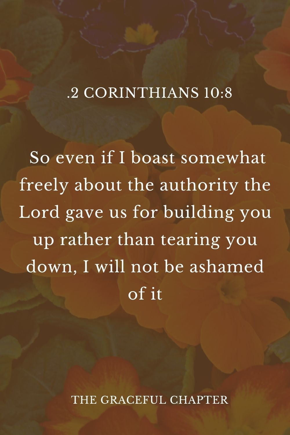 8 So even if I boast somewhat freely about the authority the Lord gave us for building you up rather than tearing you down, I will not be ashamed of it.2 Corinthians 10:8