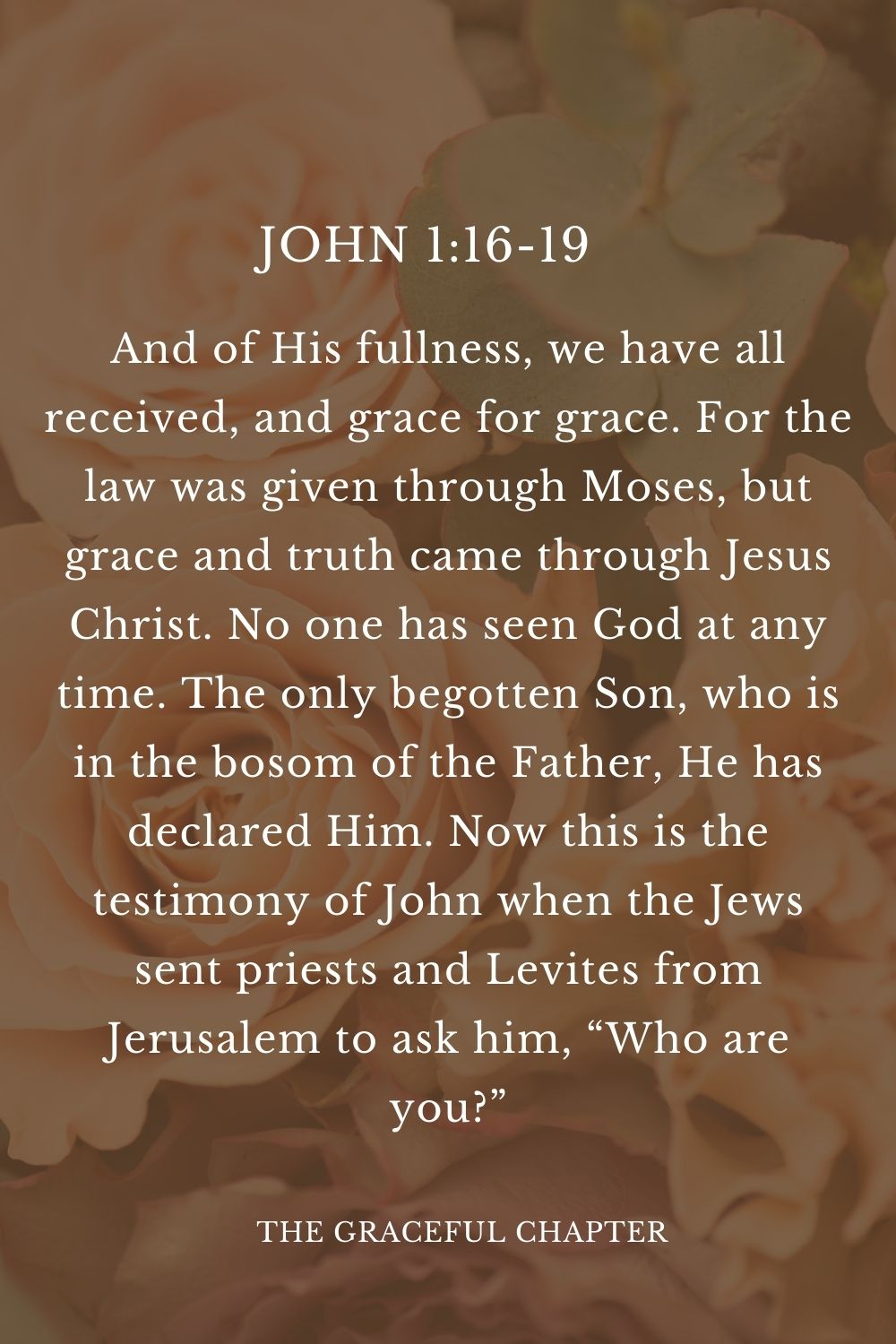 And of His fullness, we have all received, and grace for grace. For the law was given through Moses, but grace and truth came through Jesus Christ. No one has seen God at any time. The only begotten Son, who is in the bosom of the Father, He has declared Him. Now this is the testimony of John when the Jews sent priests and Levites from Jerusalem to ask him, “Who are you?” John 1:16-19