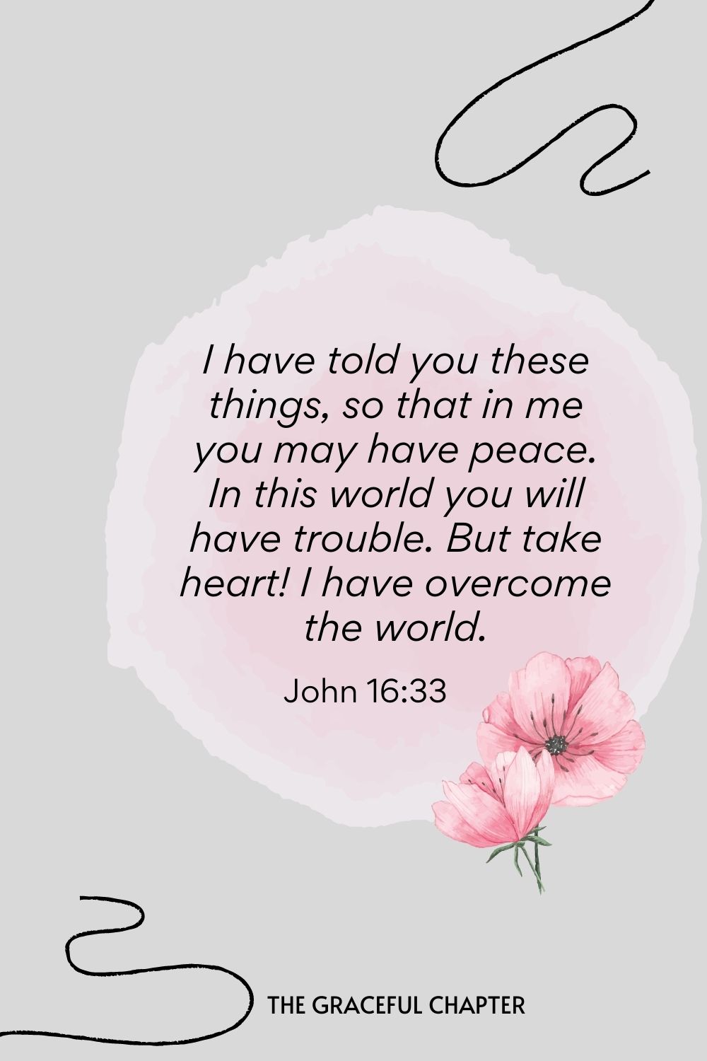 I have told you these things, so that in me you may have peace. In this world you will have trouble. But take heart! I have overcome the world.  John 16:33