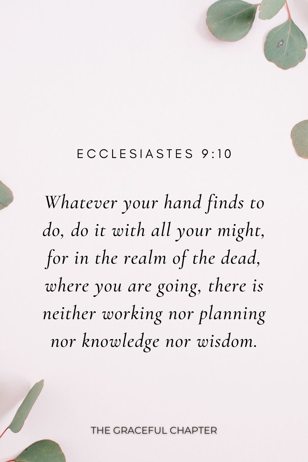 Whatever your hand finds to do, do it with all your might, for in the realm of the dead, where you are going, there is neither working nor planning nor knowledge nor wisdom. Ecclesiastes 9:10