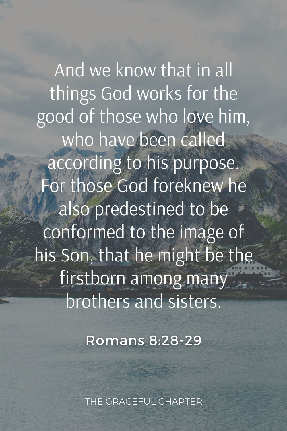 And we know that in all things God works for the good of those who love him, who have been called according to his purpose. For those God foreknew he also predestined to be conformed to the image of his Son, that he might be the firstborn among many brothers and sisters. Romans 8:28-29