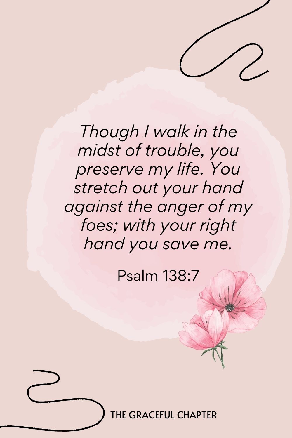 Though I walk in the midst of trouble, you preserve my life. You stretch out your hand against the anger of my foes; with your right hand you save me.  Psalm 138:7