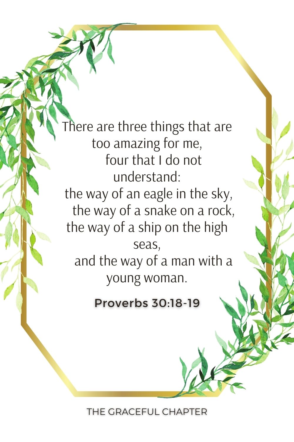 There are three things that are too amazing for me,     four that I do not understand:  the way of an eagle in the sky,     the way of a snake on a rock, the way of a ship on the high seas,     and the way of a man with a young woman. There are three things that are too amazing for me,     four that I do not understand:  the way of an eagle in the sky,     the way of a snake on a rock, the way of a ship on the high seas,     and the way of a man with a young woman. Proverbs 30:18-19