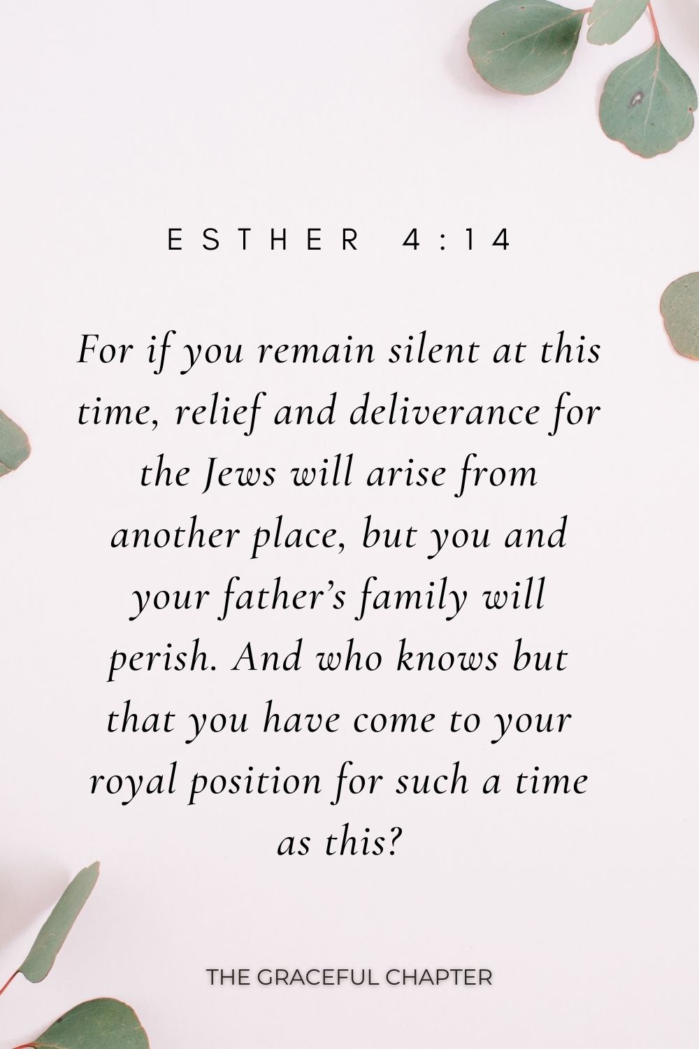 For if you remain silent at this time, relief and deliverance for the Jews will arise from another place, but you and your father’s family will perish. And who knows but that you have come to your royal position for such a time as this? Esther 4:14