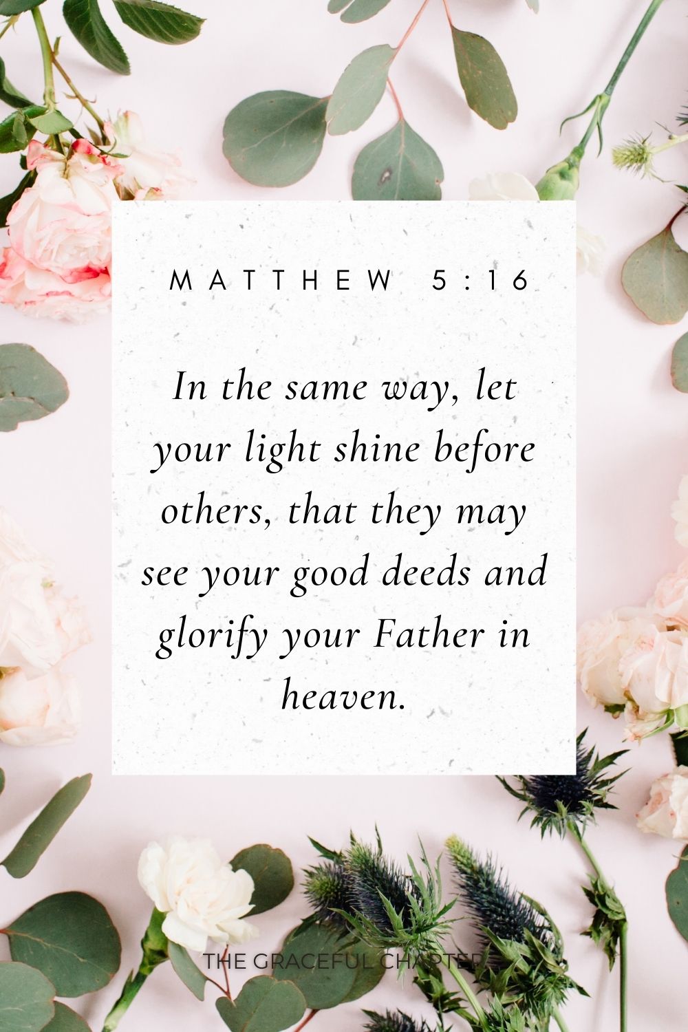 In the same way, let your light shine before others, that they may see your good deeds and glorify your Father in heaven. Matthew 5:16