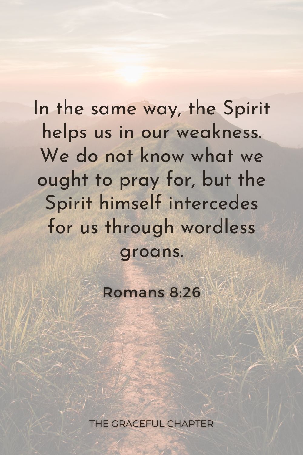 In the same way, the Spirit helps us in our weakness. We do not know what we ought to pray for, but the Spirit himself intercedes for us through wordless groans. Romans 8:26