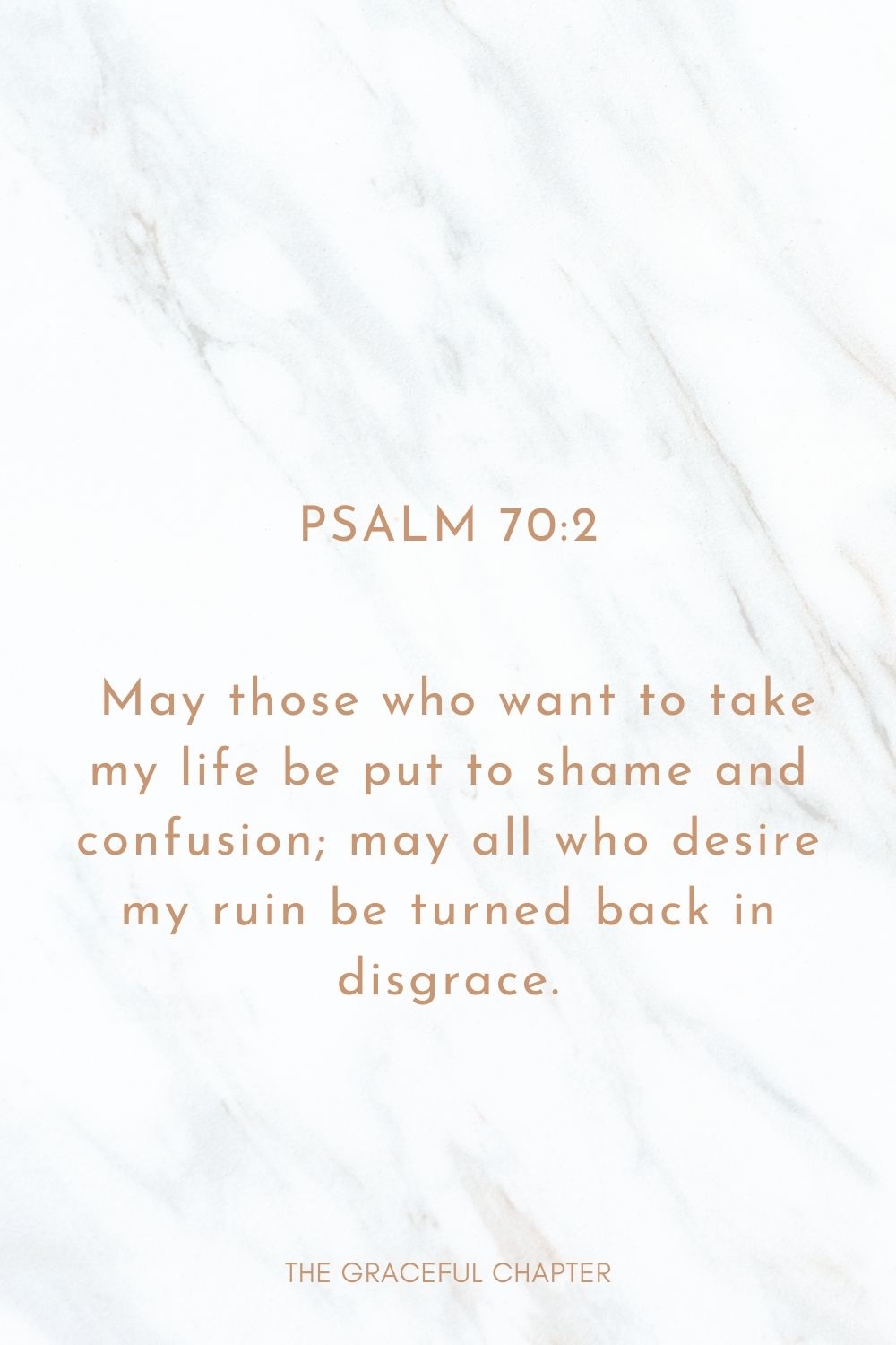 May those who want to take my life be put to shame and confusion; may all who desire my ruin be turned back in disgrace. Psalm 70:2