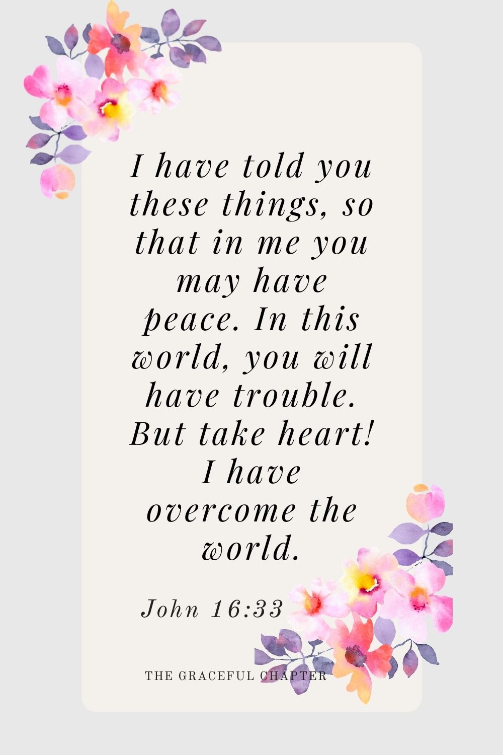 I have told you these things, so that in me you may have peace. In this world you will have trouble. But take heart! I have overcome the world. John 16:33