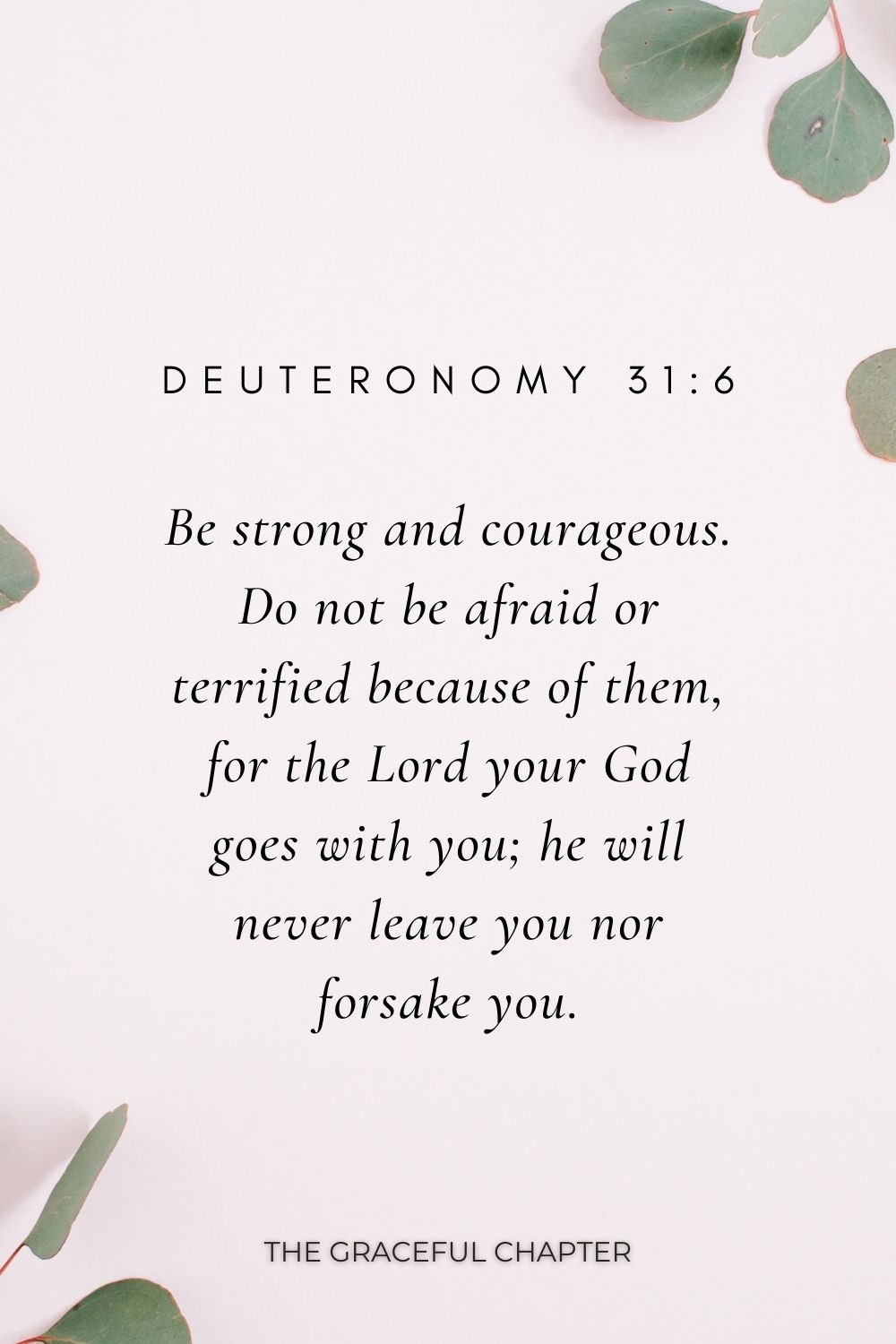 Be strong and courageous. Do not be afraid or terrified because of them, for the Lord your God goes with you; he will never leave you nor forsake you. Deuteronomy 31:6