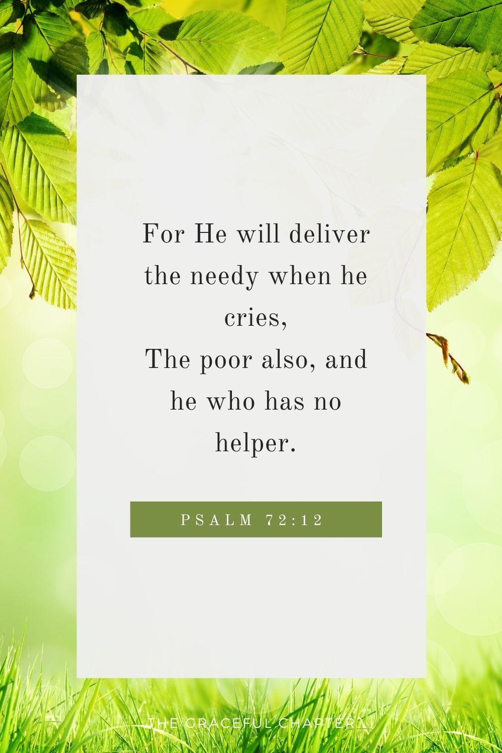 For He will deliver the needy when he cries, The poor also, and him who has no helper. Psalm 72:12