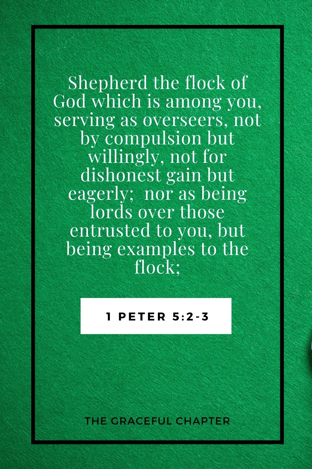 Shepherd the flock of God which is among you, serving as overseers, not by compulsion but willingly, not for dishonest gain but eagerly;  nor as being lords over those entrusted to you, but being examples to the flock; 1 Peter 5:2-3