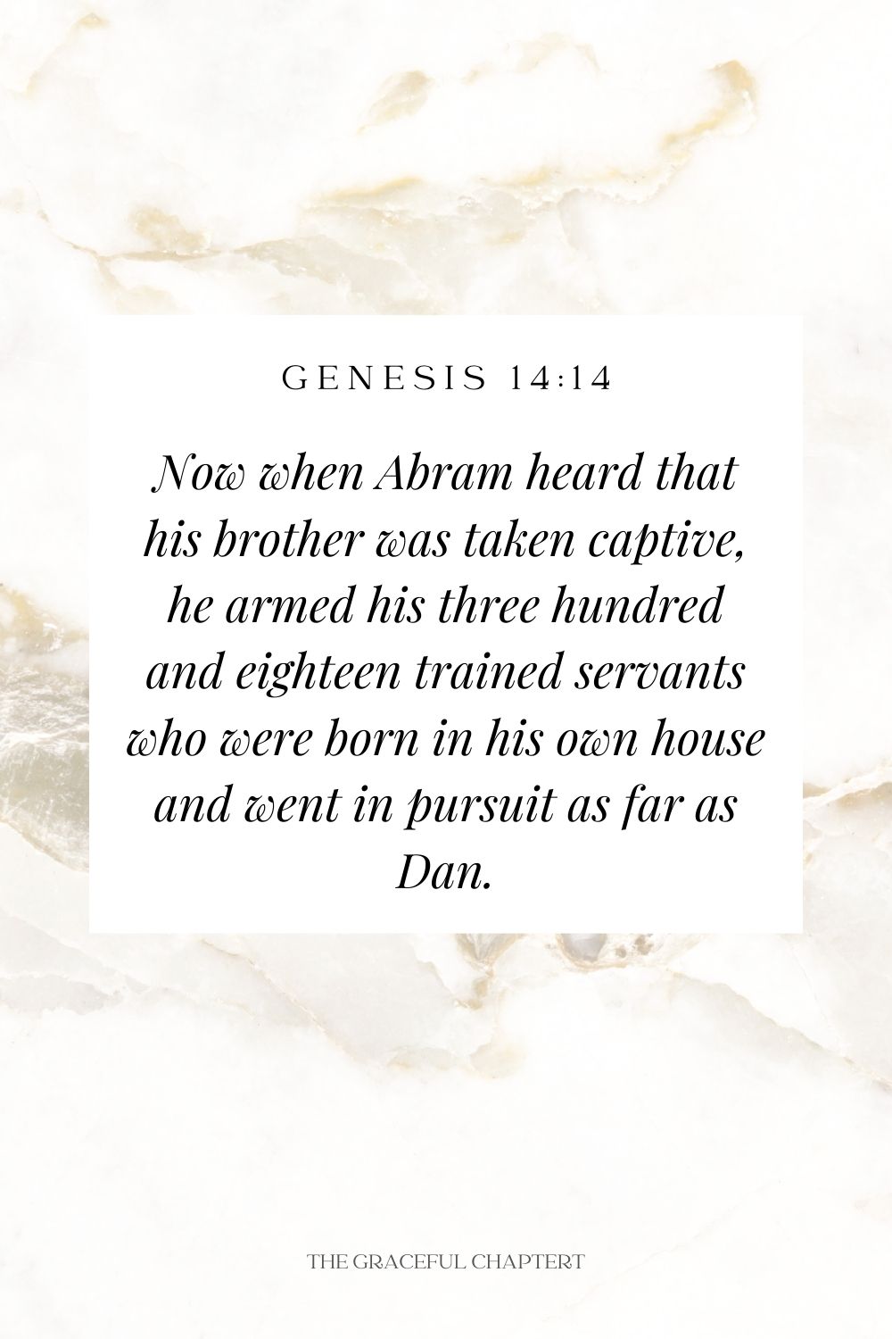 Now when Abram heard that his brother was taken captive, he armed his three hundred and eighteen trained servants who were born in his own house and went in pursuit as far as Dan. Genesis 14:14