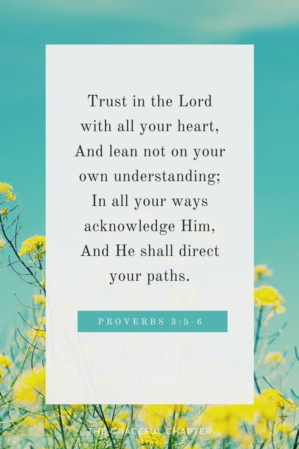 Trust in the Lord with all your heart, And lean not on your own understanding; In all your ways acknowledge Him, And He shall direct your paths. Proverbs 3:5-6