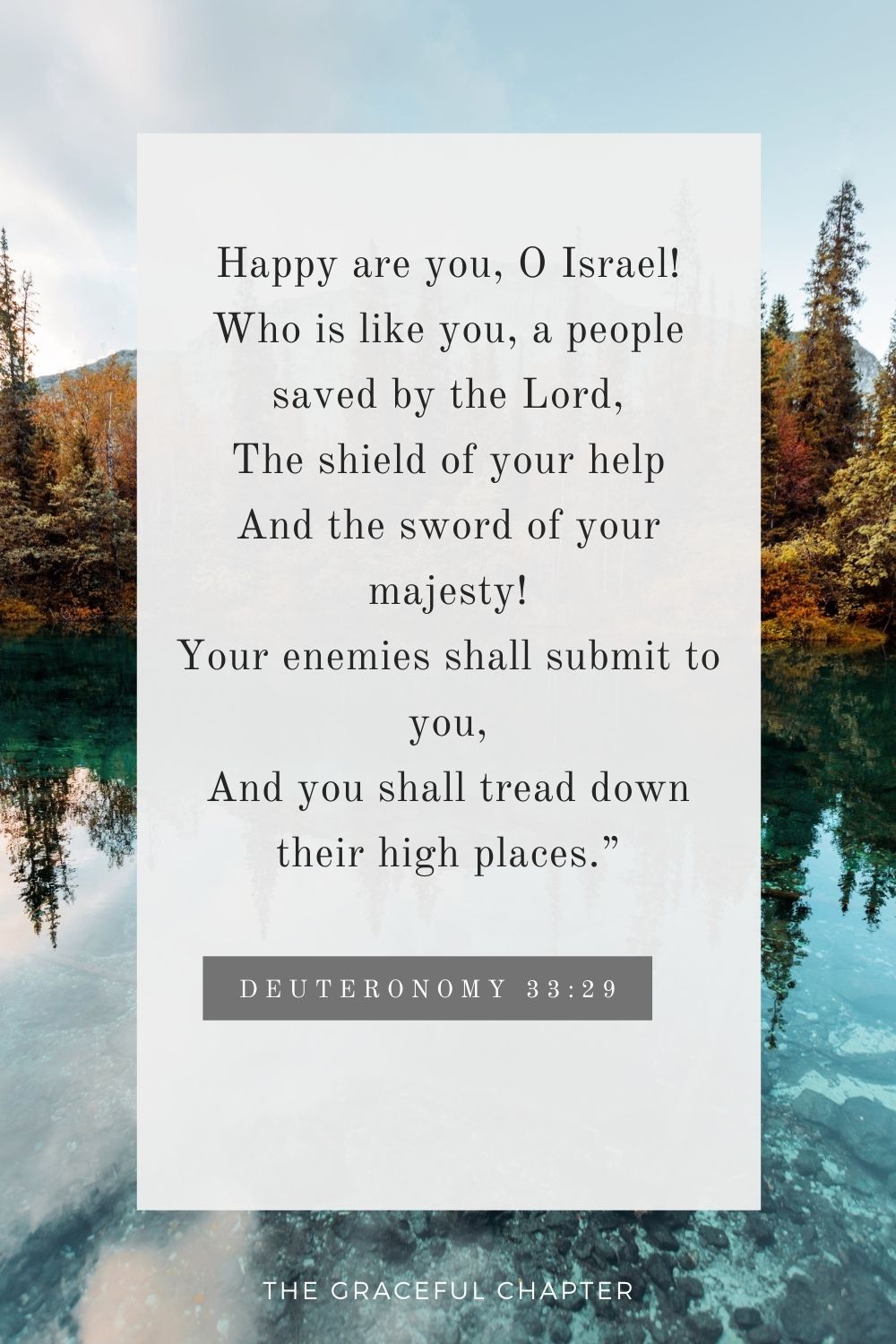 Happy are you, O Israel! Who is like you, a people saved by the Lord, The shield of your help And the sword of your majesty! Your enemies shall submit to you, And you shall tread down their high places.” Deuteronomy 33:29