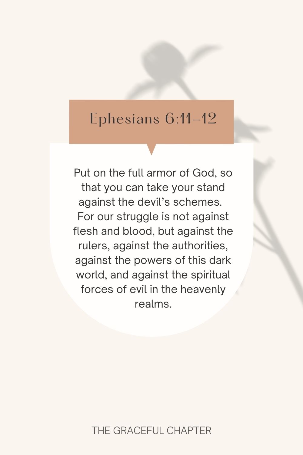 Put on the full armor of God, so that you can take your stand against the devil’s schemes.  For our struggle is not against flesh and blood, but against the rulers, against the authorities, against the powers of this dark world, and against the spiritual forces of evil in the heavenly realms. Ephesians 6:11-12