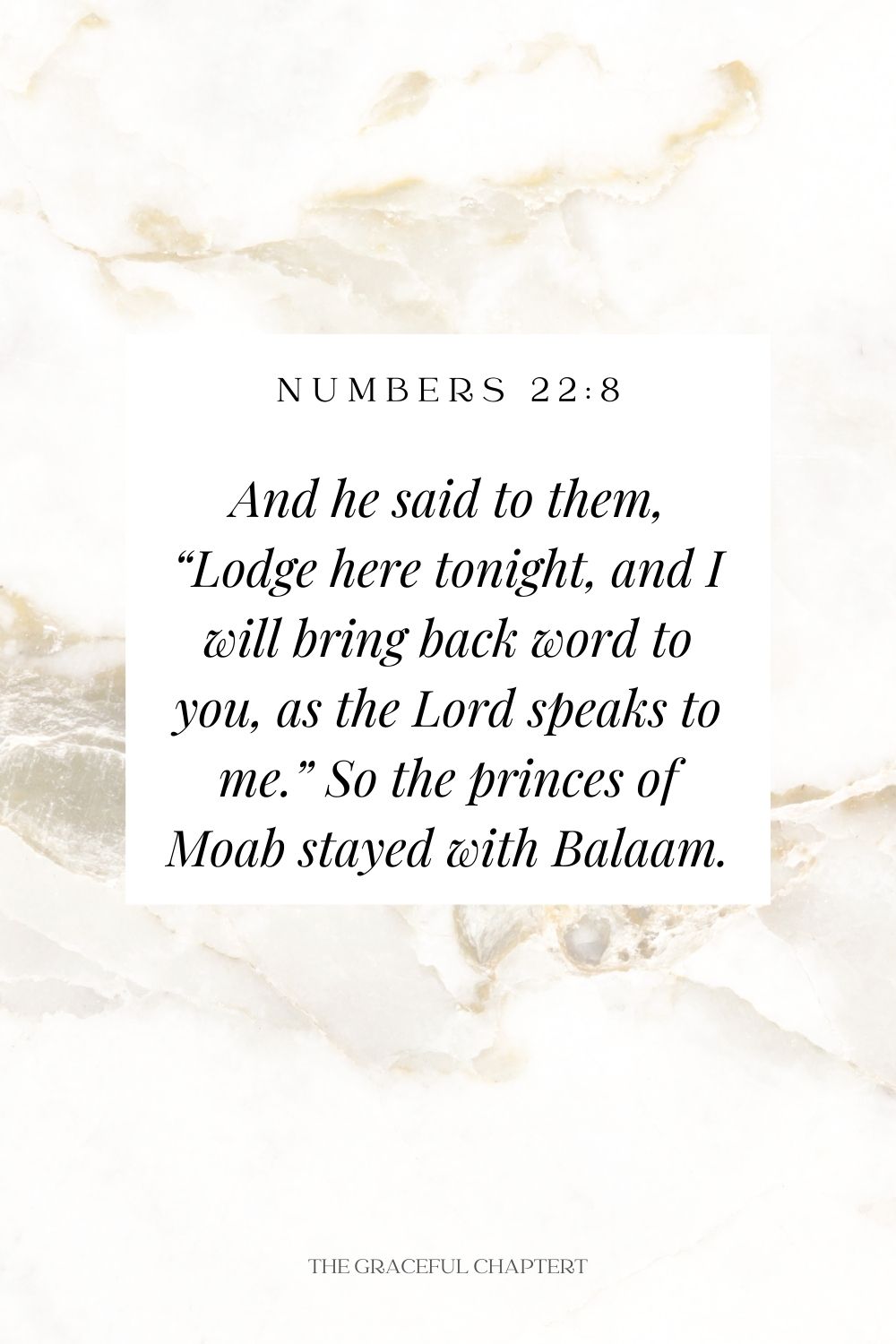 And he said to them, “Lodge here tonight, and I will bring back word to you, as the Lord speaks to me.” So the princes of Moab stayed with Balaam. Numbers 22:8