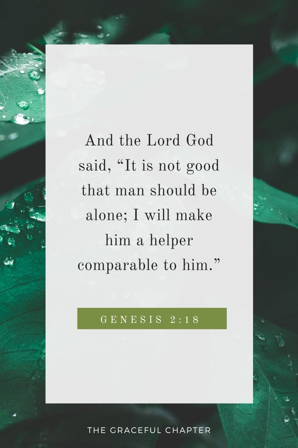 And the Lord God said, “It is not good that man should be alone; I will make him a helper comparable to him.”And the Lord God said, “It is not good that man should be alone; I will make him a helper comparable to him.” Genesis 2:18