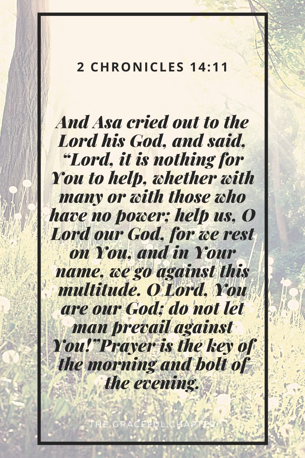 And Asa cried out to the Lord his God, and said, “Lord, it is nothing for You to help, whether with many or with those who have no power; help us, O Lord our God, for we rest on You, and in Your name, we go against this multitude. O Lord, You are our God; do not let man prevail against You!” 2 Chronicles 14:11