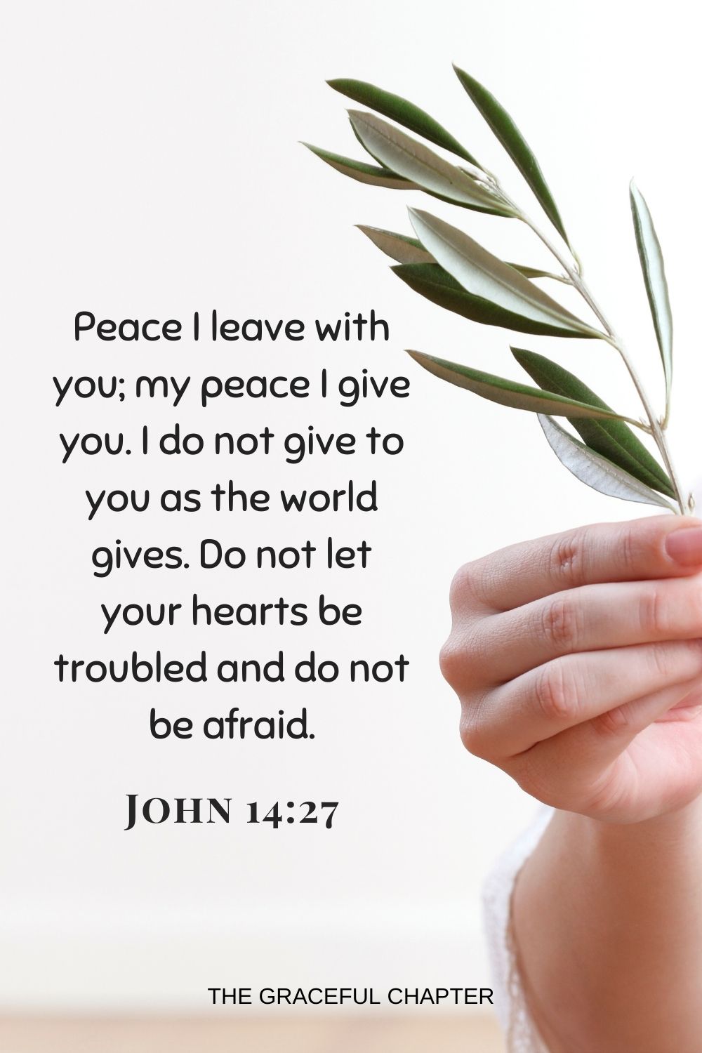 Peace I leave with you; my peace I give you. I do not give to you as the world gives. Do not let your hearts be troubled and do not be afraidPeace I leave with you; my peace I give you. I do not give to you as the world gives. Do not let your hearts be troubled and do not be afraid. John 14:27