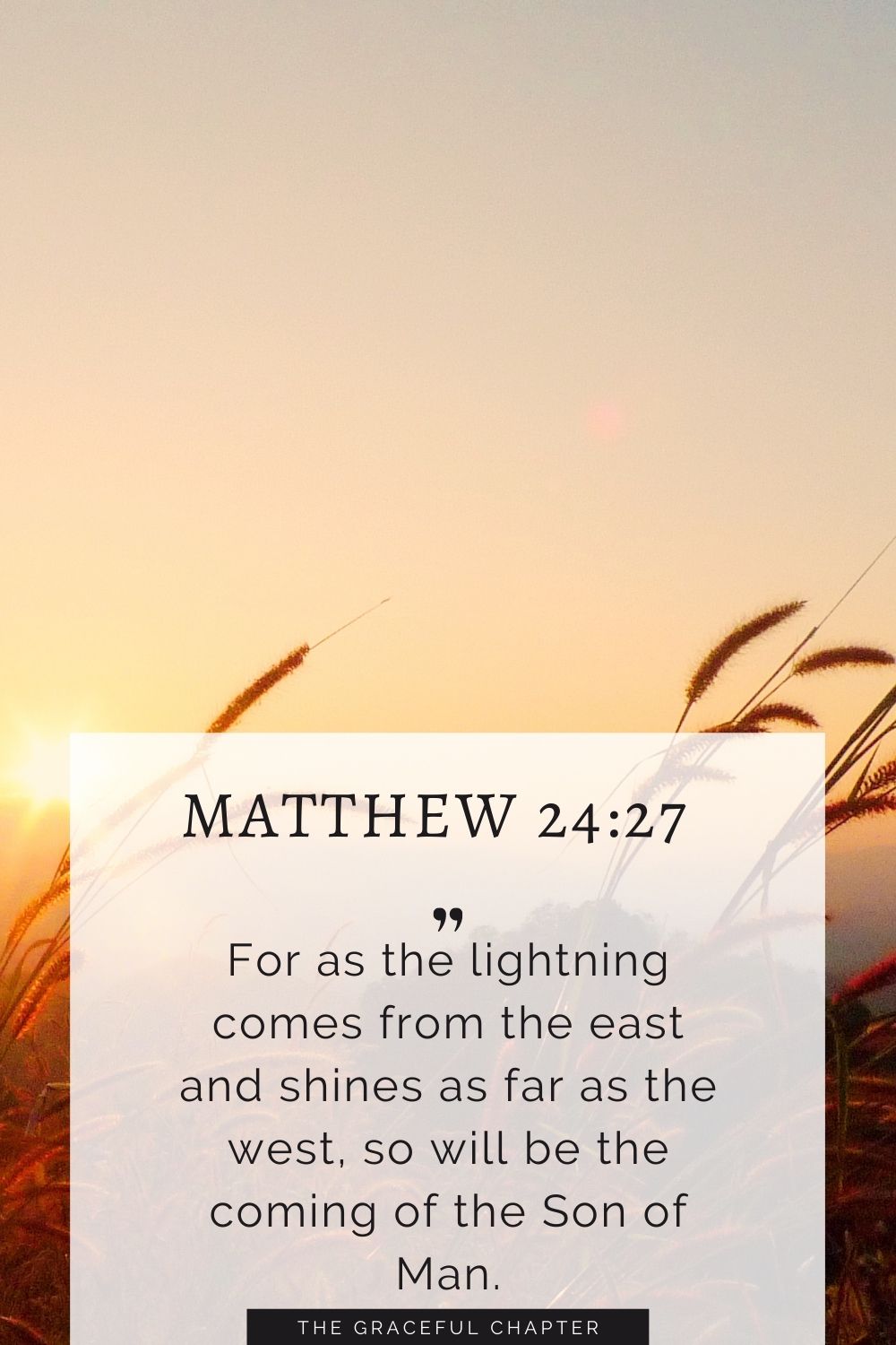 For as the lightning comes from the east and shines as far as the west, so will be the coming of the Son of Man. Matthew 24:27