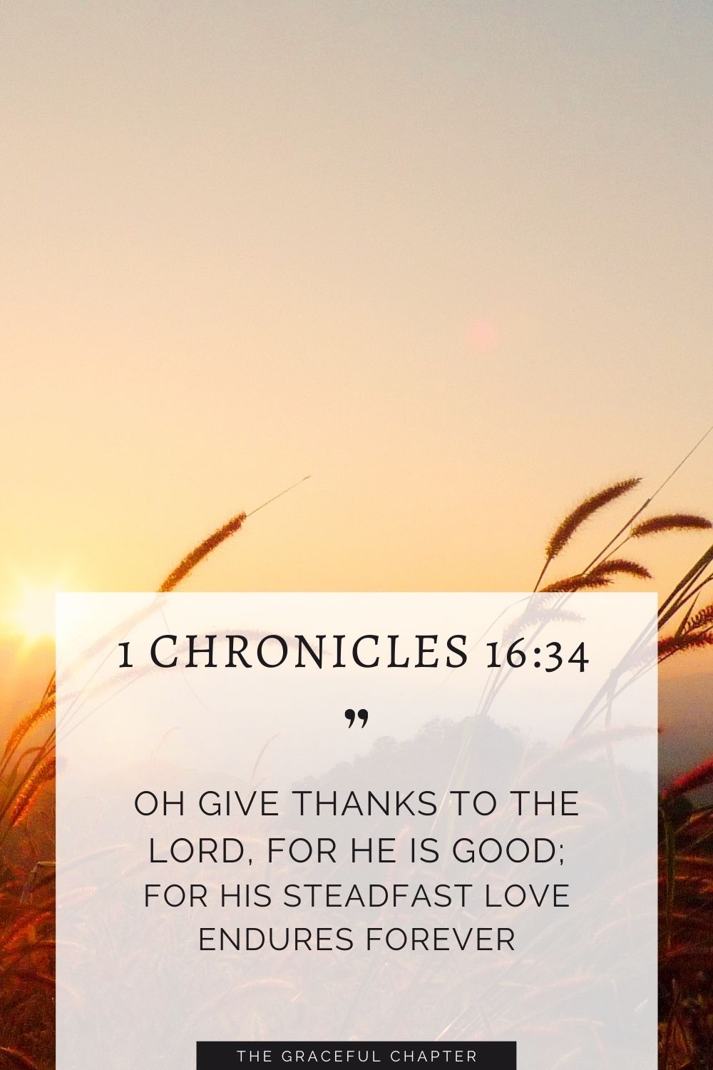 Oh give thanks to the Lord, for he is good; for his steadfast love endures foreverOh give thanks to the Lord, for he is good; for his steadfast love endures forever 1 Chronicles 16:34