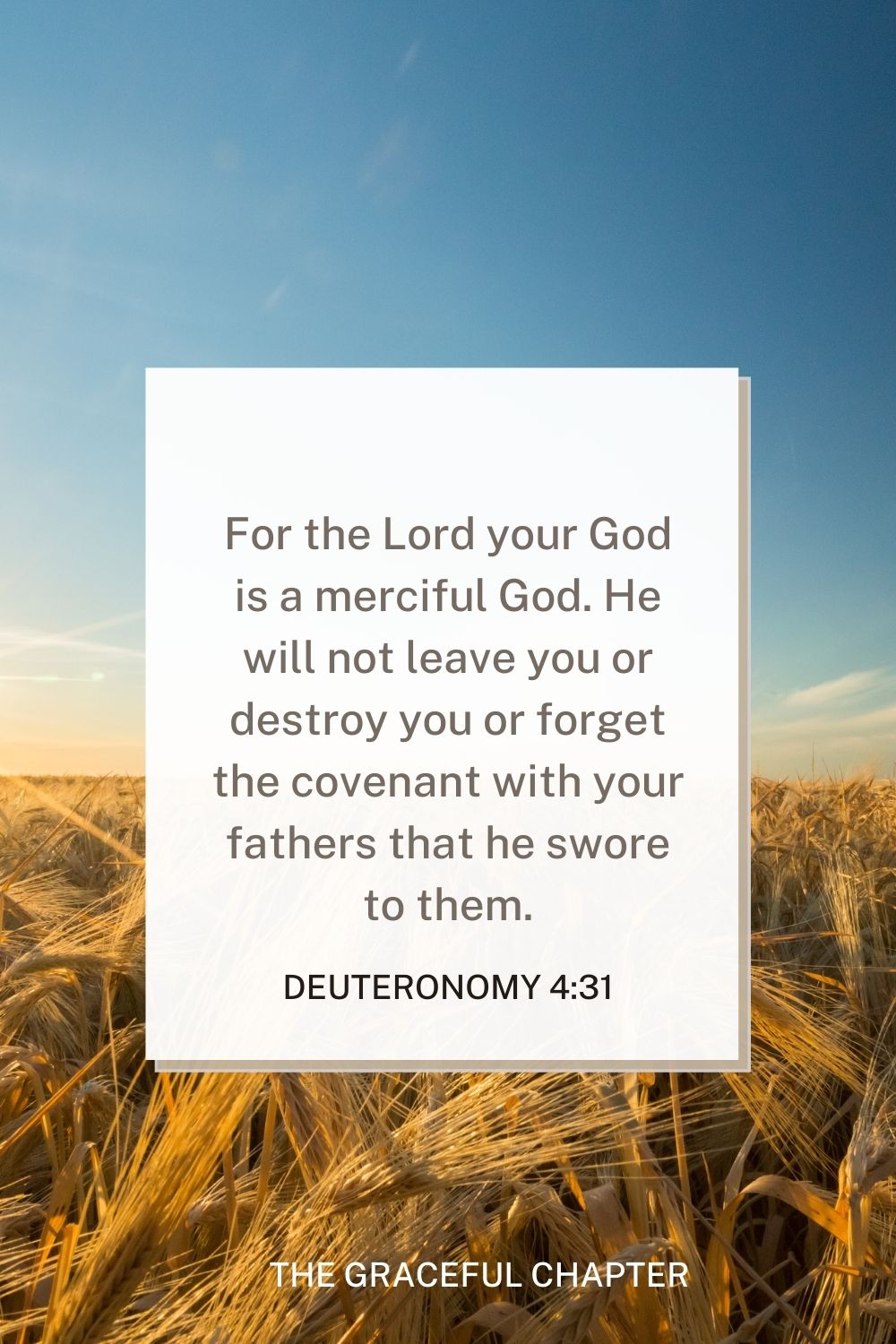 For the Lord your God is a merciful God. He will not leave you or destroy you or forget the covenant with your fathers that he swore to them. Deuteronomy 4:31