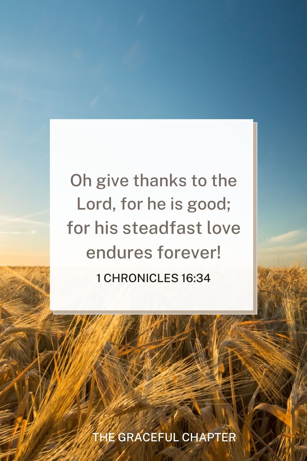 Oh give thanks to the Lord, for he is good; for his steadfast love endures forever! 1 Chronicles 16:34